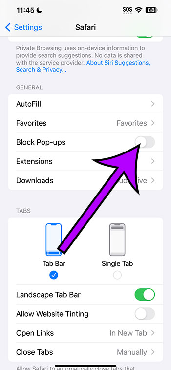 how to turn off the iPhone 14 pop up blocker