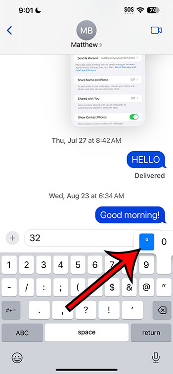 tap the degree symbol